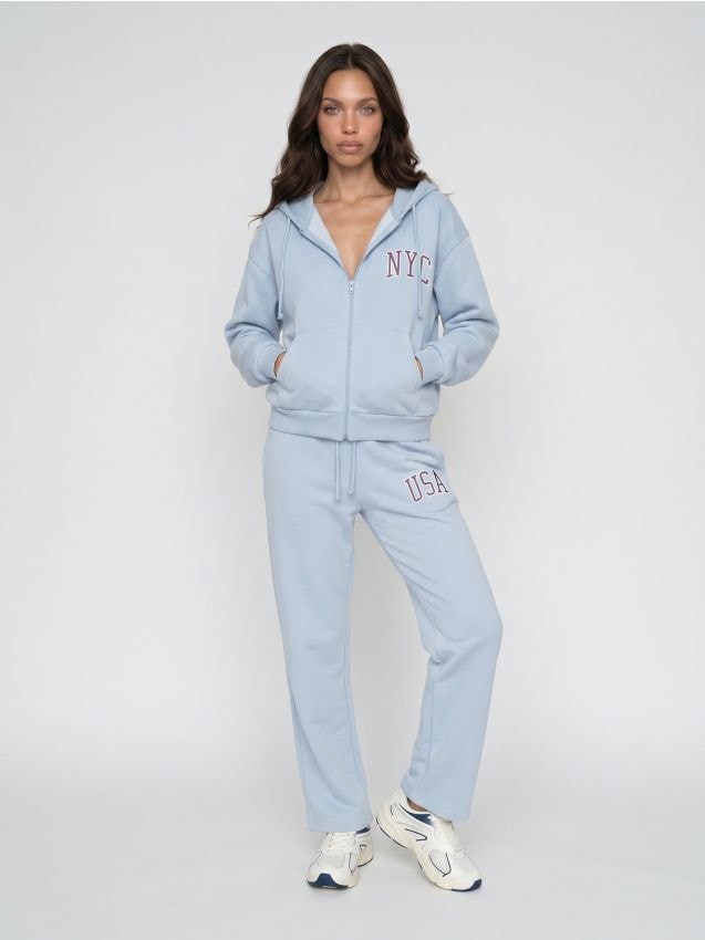 Sinsay - Pantaloni de trening wide leg cu imprimeu - albastru-pal