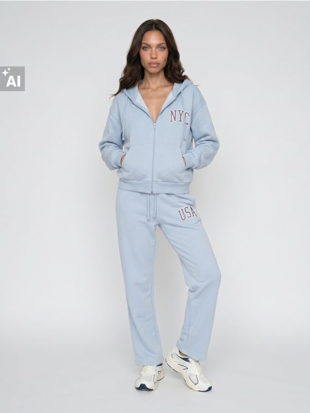 Sinsay - Pantaloni de trening wide leg cu imprimeu - albastru-pal