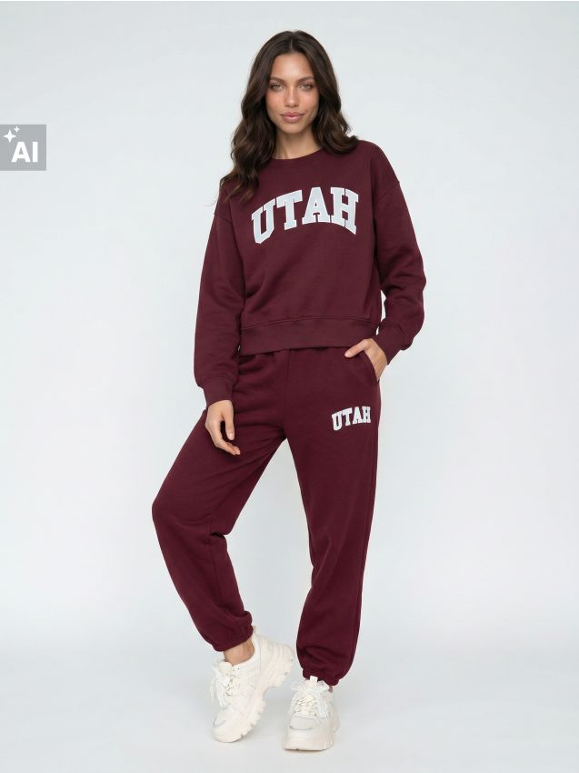 Sinsay - Pantaloni jogger din bumbac cu imprimeu UTAH - bordo