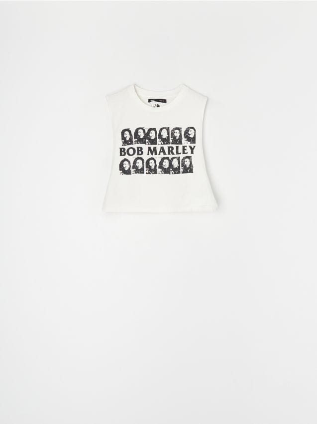 Puuvillane varrukateta crop-top trükiga Bob Marley