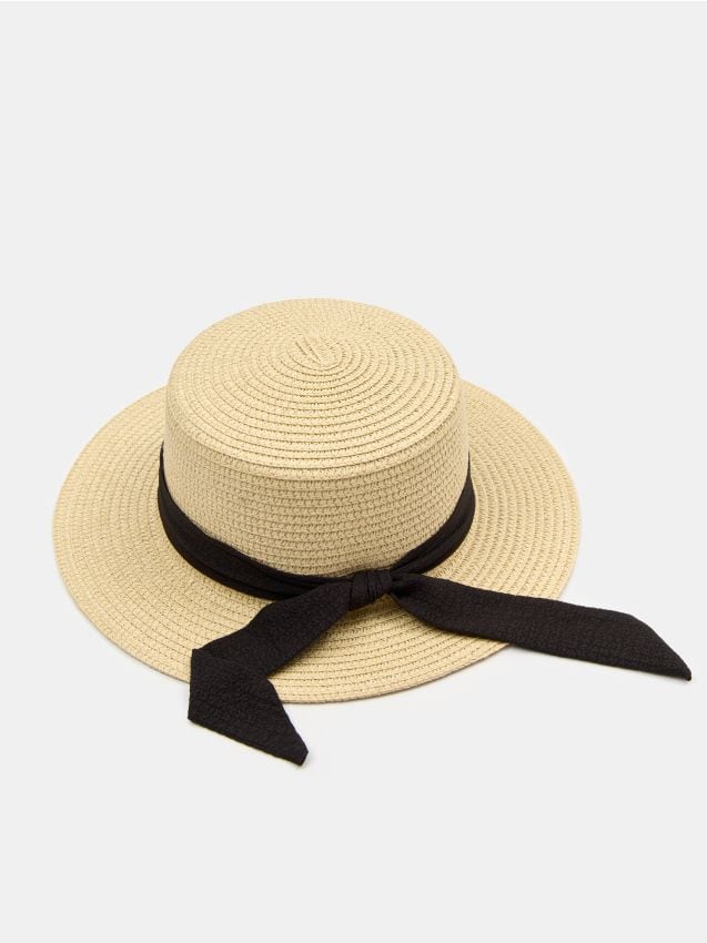 Sinsay - Pălărie împletită cu panglică - crem
