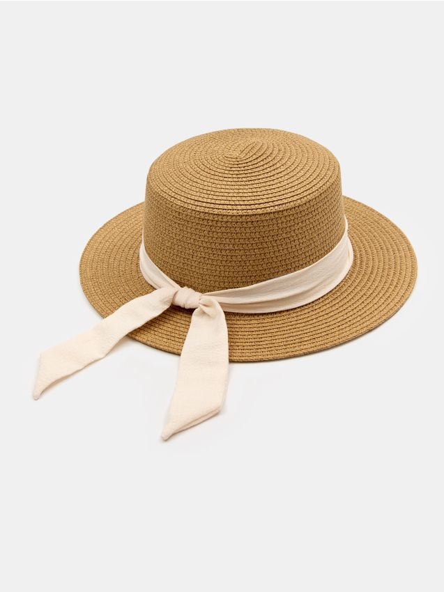 Sinsay - Pălărie împletită cu panglică - bej