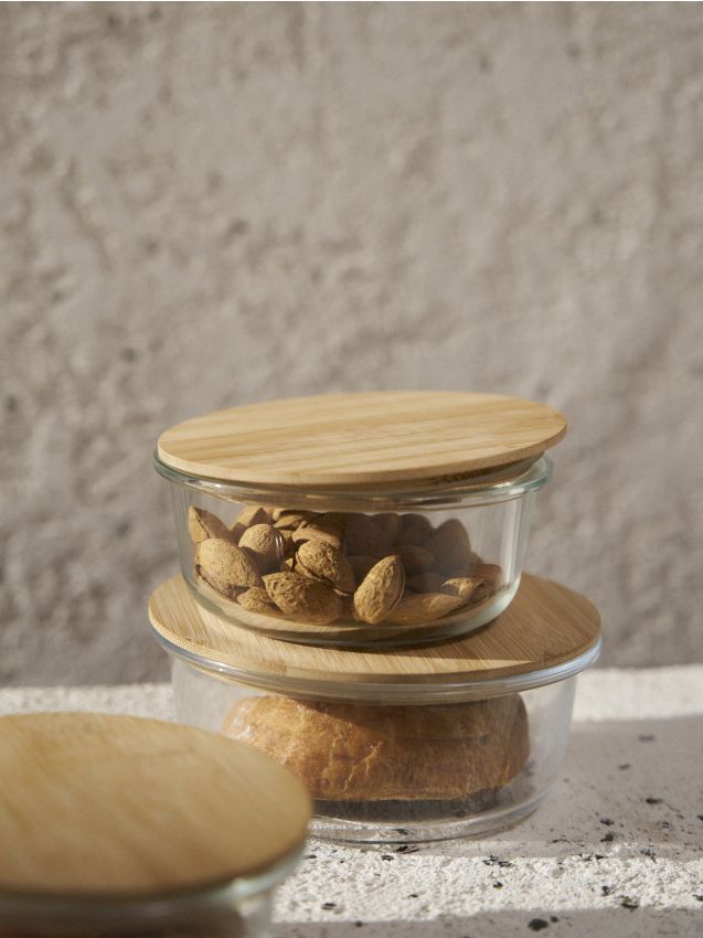 Sinsay - Sklenená nádoba na potraviny s bambusovým viečkom - biela