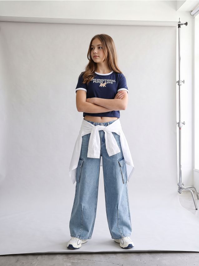 Sinsay - Blugi wide leg oversize cu efect prespălat - albastru