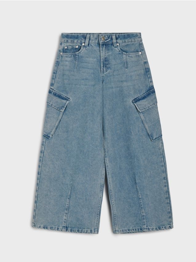 Sinsay - Jeansy wide leg oversize z efektem sprania - niebieski