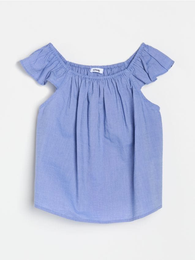 Sinsay - Tricou cu mânecă scurtă și decolteu decorativ - albastru-pal