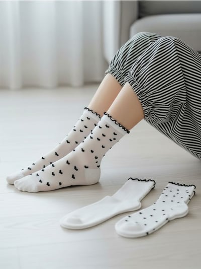 Set nogavic z volančkom s srčki in pikami 3 kosi