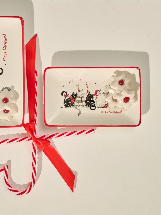 Sinsay - Vianočný keramický podnos s motívom mačiek - červená