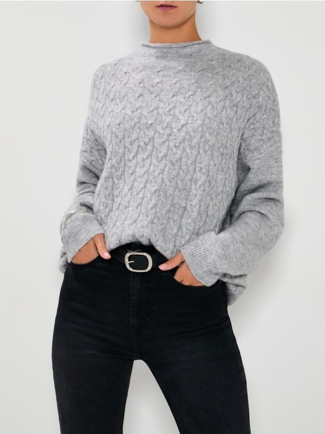 Sinsay - Dámsky sveter s vrkočovým vzorom - svetlošedá