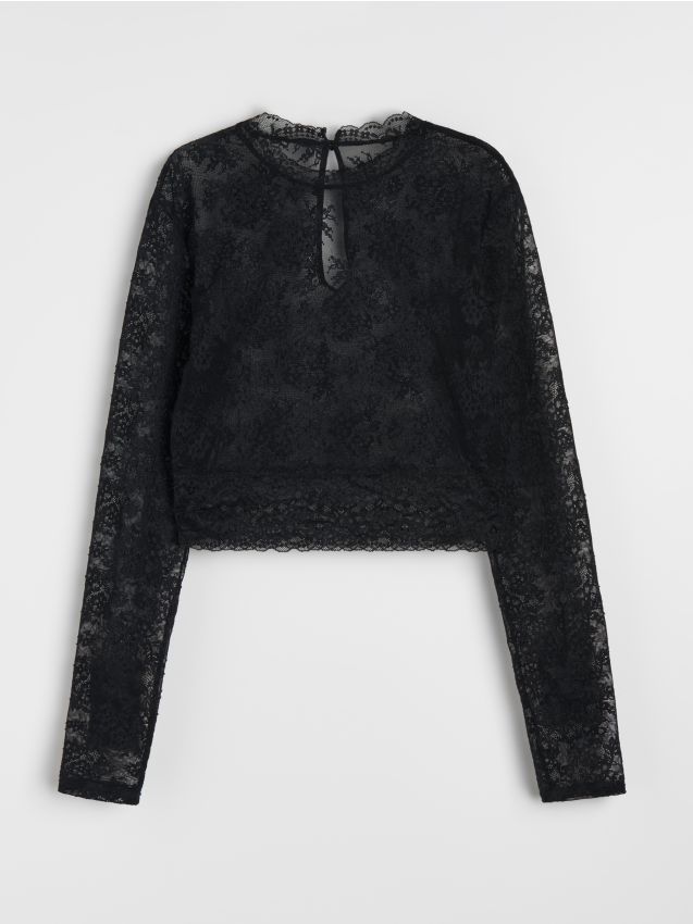 Sinsay - Crop top de lenjerie din dantelă cu mânecă lungă - negru