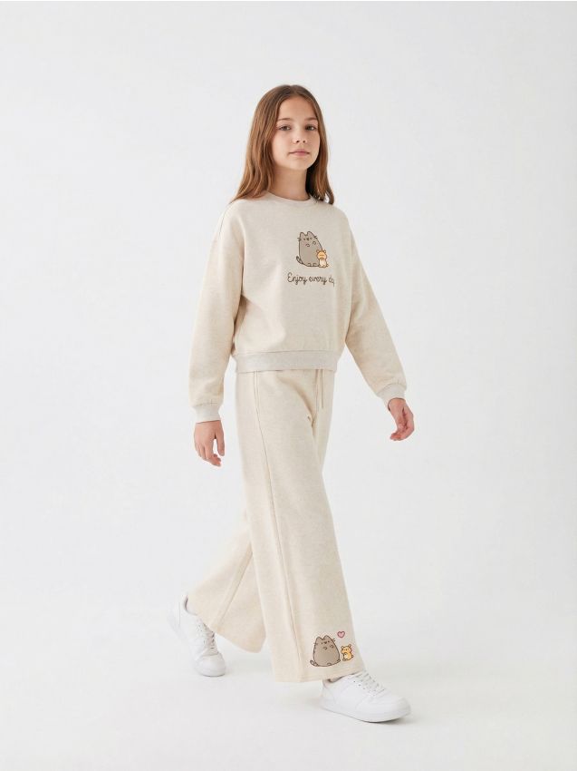 Sinsay - Spodnie wide leg Pusheen the Cat - beżowy