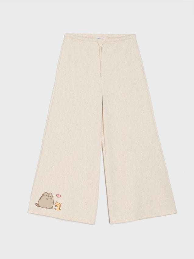Sinsay - Pantaloni wide leg Pusheen the Cat - bej