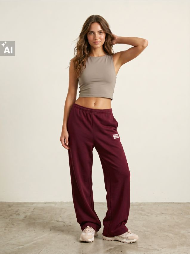 Sinsay - Pantaloni de trening wide leg cu aplicație - bordo