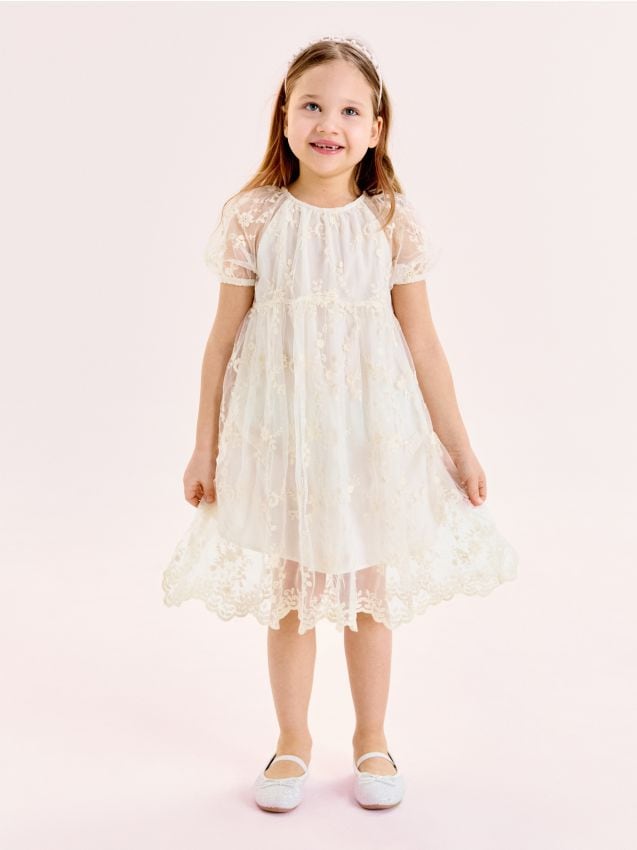 Sinsay - Rochie din tul cu broderie florală - crem