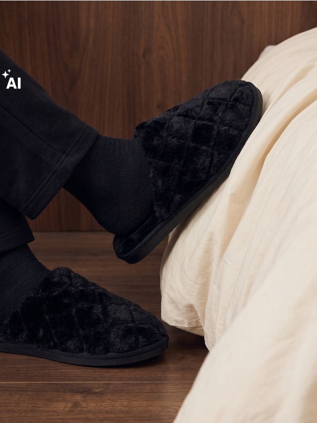 Sinsay - Papuci matlasați cu blană artificială - negru