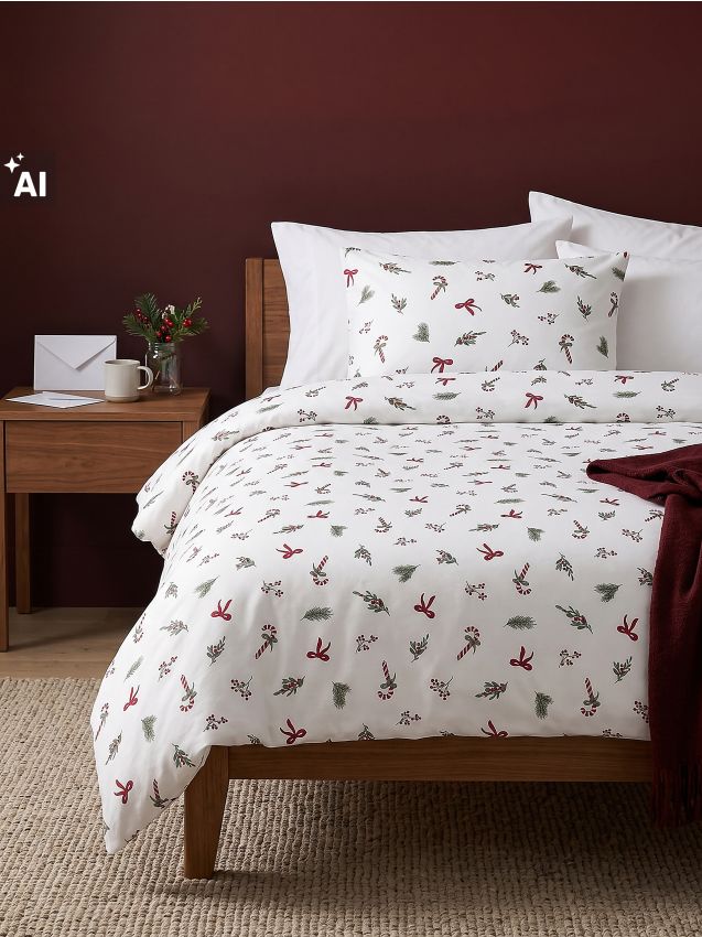 Sinsay - Set de lenjerie de pat de Crăciun din bumbac cu imprimeu cu bastonașe de zahăr, fundițe și crenguțe - multicolor