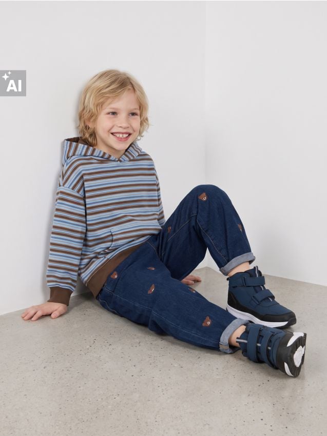 Sinsay - Blugi pull on loose cu broderie cu ursuleți - bleumarin