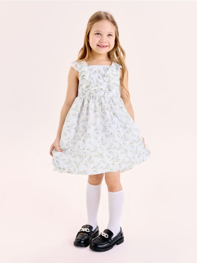 Sinsay - Szyfonowa sukienka w kwiaty z falbanami - biały