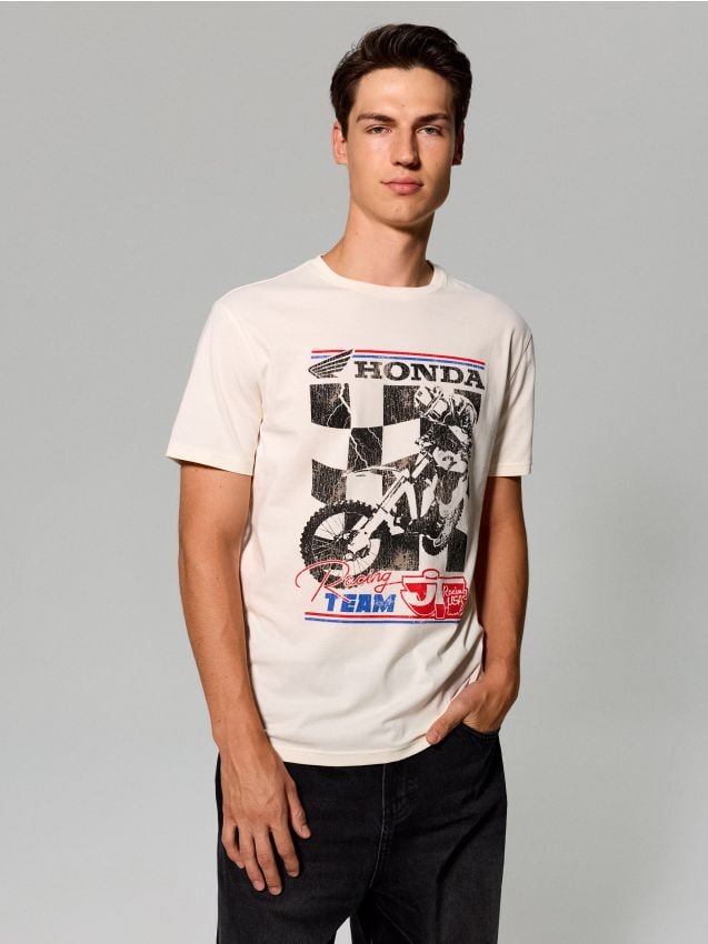 T-shirt in cotone con stampa Honda - panna