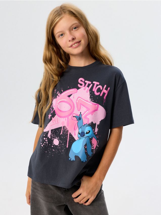 Sinsay - Tricou oversize din bumbac cu imprimeu Stitch pe spate - gri-închis