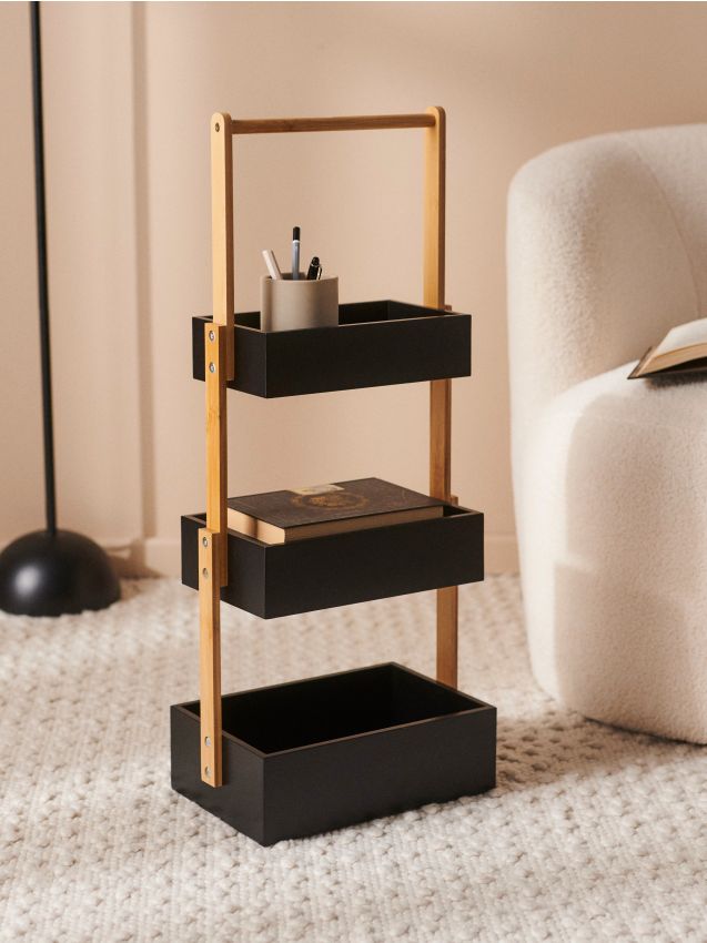 Sinsay - Trojposchodová stojaca polica s bambusovým rámom - čierna