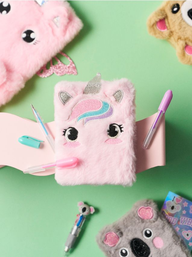 Sinsay - Caiet plușat, pix și autocolante cu motiv unicorn - roz-pastel