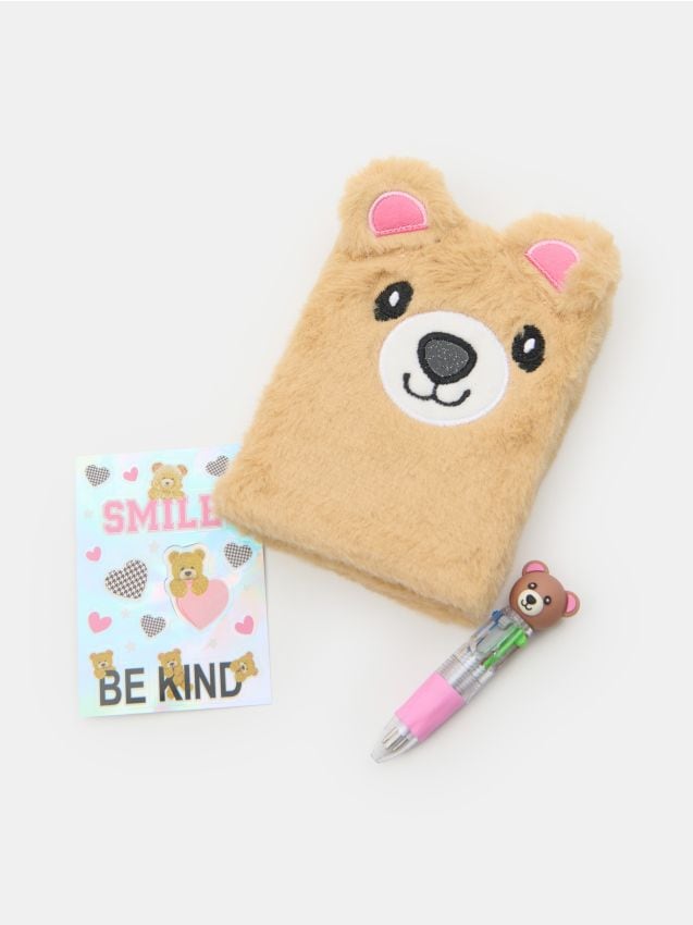 Sinsay - Carnet plușat, pix și autocolante cu motiv de ursuleț - bej