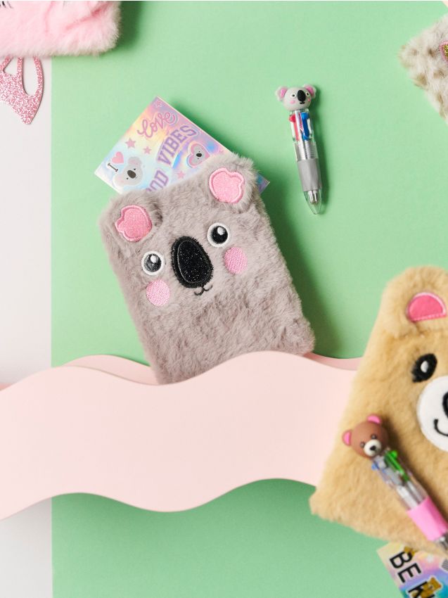 Sinsay - Carnet plușat, pix și autocolante cu motiv de koala - gri deschis