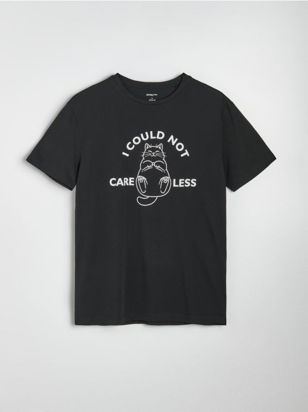 T-shirt in cotone con motivo gatto - nero