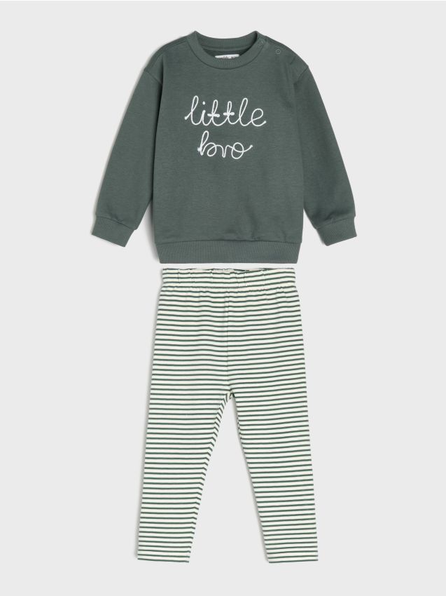 Sinsay - Set din Bumbac: Bluza cu Fleece și Colanți în Dungi - turcoaz-închis