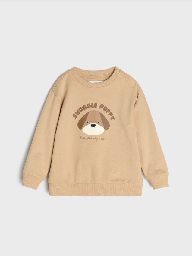Sinsay - Hanorac crewneck din bumbac cu imprimeu cu câine - bej