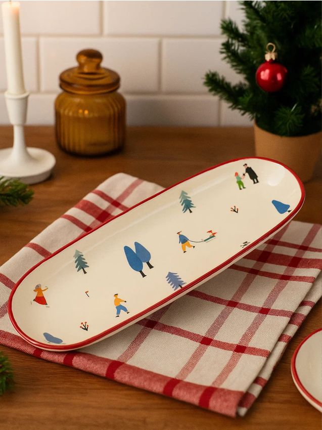 Sinsay - Zimný keramický tanier s lyžiarskym motívom - biela