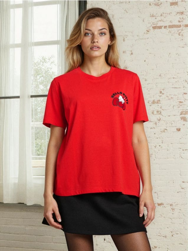 Sinsay - Tricou din bumbac cu mânecă scurtă Hello Kitty - roșu