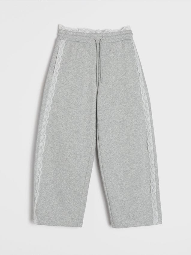 Sinsay - Spodnie dresowe wide leg z ozdobną koronką - szary