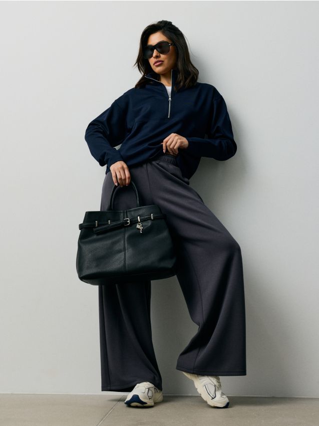 Sinsay - Pantaloni wide leg cu amestec de viscoză - gri-închis