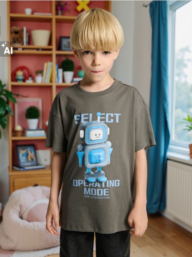 Sinsay - Tricou larg cu imprimeu - gri-închis