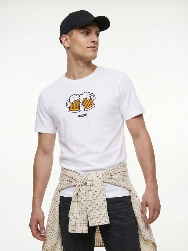 Sinsay - Tricou din bumbac cu imprimeu cu bere - alb