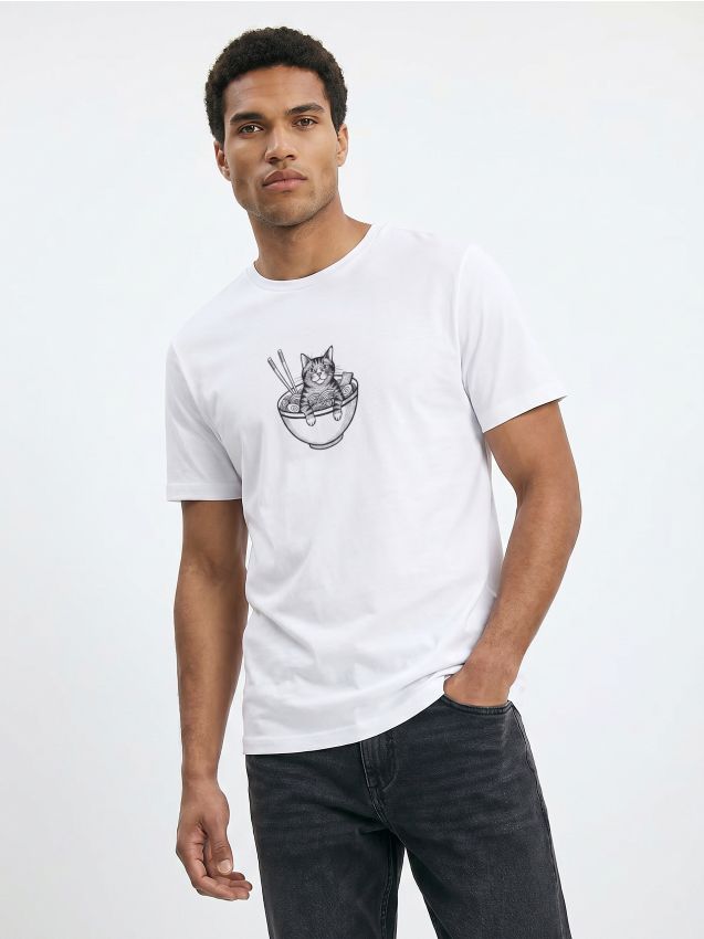 Sinsay - Tricou din bumbac cu imprimeu de pisică - alb
