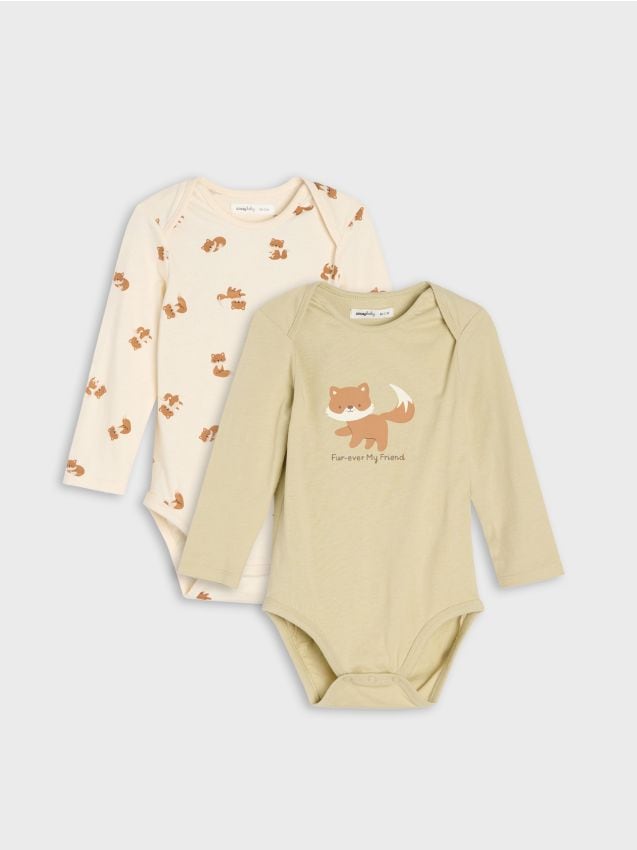 Sinsay - Body-uri din bumbac cu mânecă lungă și motiv vulpe 2 pack - verde-oliv deschis