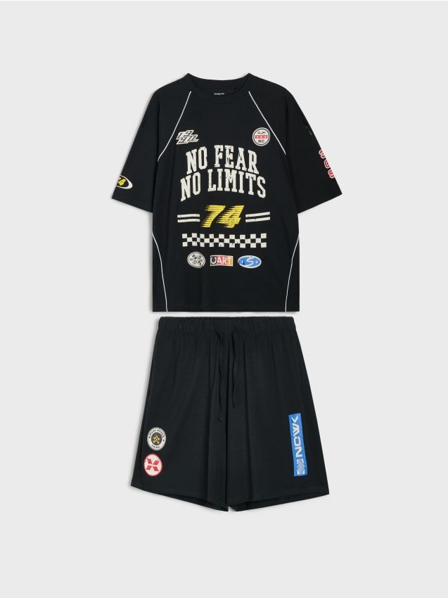 Sinsay - Pijama oversize din bumbac din două piese cu motiv de curse - negru