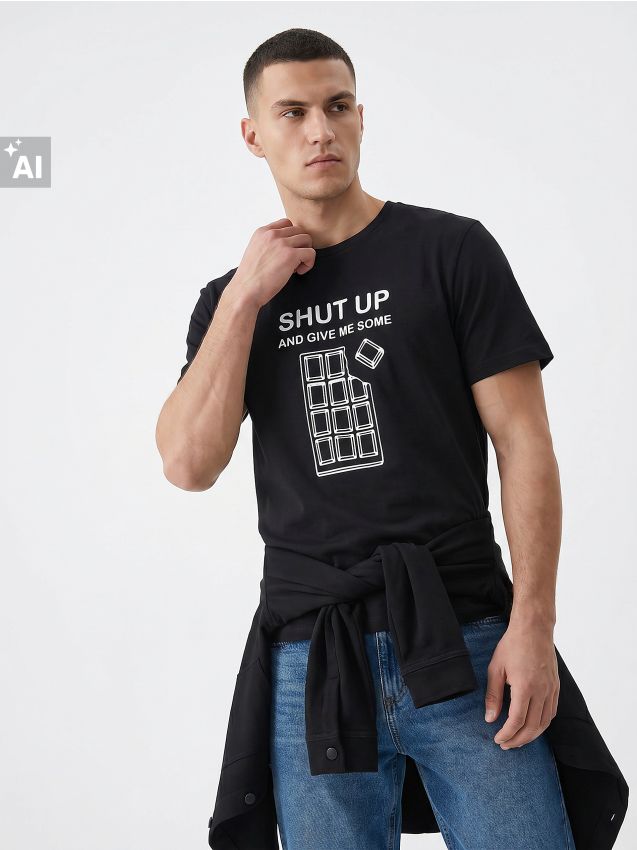 Sinsay - Tricou din bumbac cu imprimeu - negru