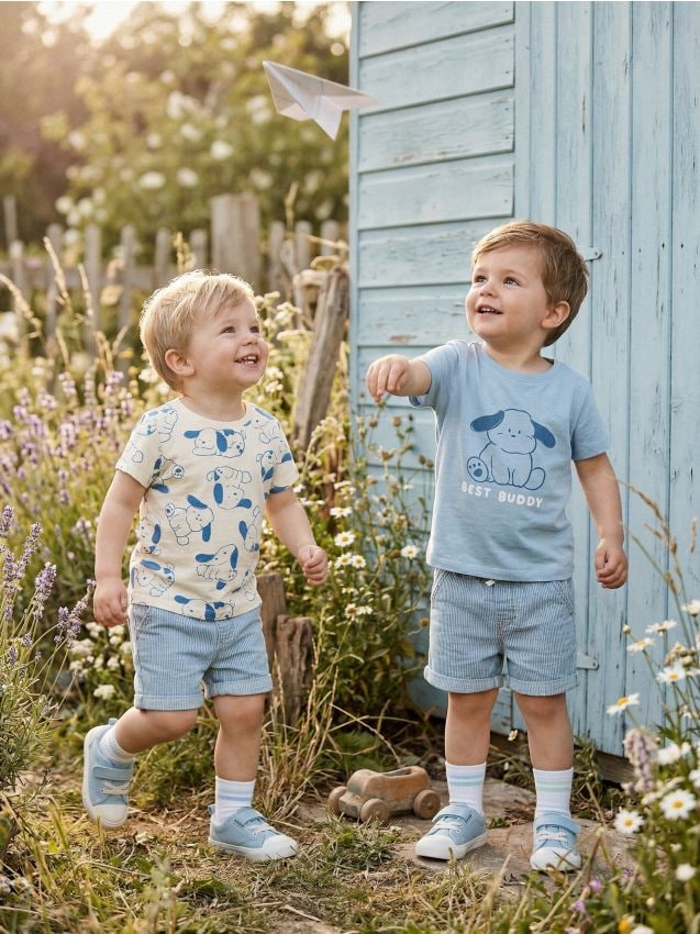 Sinsay - Tricouri din bumbac cu motiv de câini 2 pack - albastru-pal