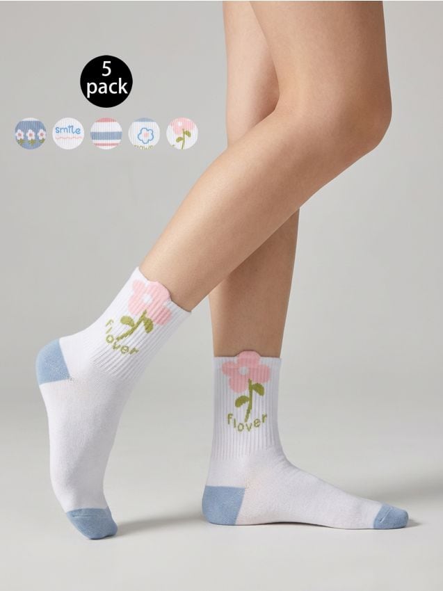 Sinsay - Zestaw skarpetek z kwiatowymi i pasiastymi wzorami 5 pack - wielobarwny