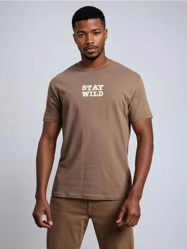 Sinsay - Bavlnené tričko s nápisom - kávová