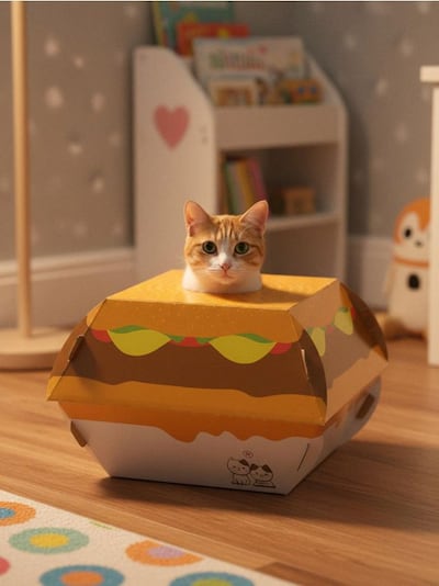 Składany kartonowy domek dla kota w kształcie burgera z drapakiem w środku