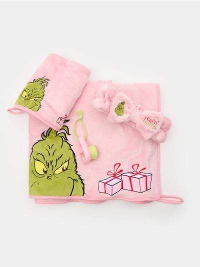 Rinkinys: 2 rankšluosčiai, veido šepetėlis ir kosmetinis lankelis Grinch