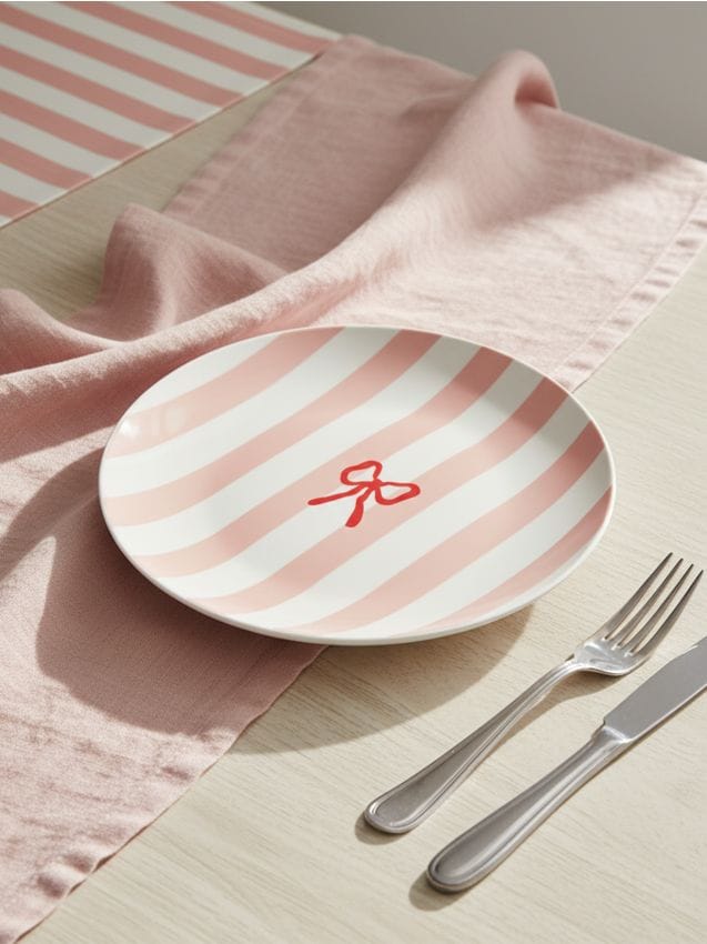 Sinsay - Farfurie ceramică cu motiv de fundițe - roz-pastel