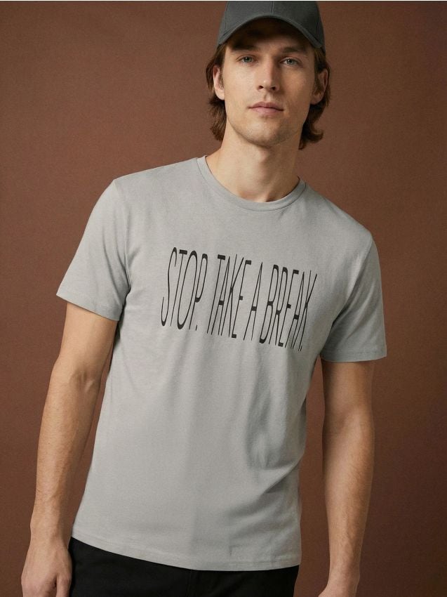 Sinsay - Tricou din bumbac cu inscripție - gri deschis