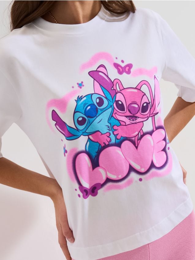 Sinsay - Tricou din bumbac cu mânecă scurtă Lilo & Stitch - alb