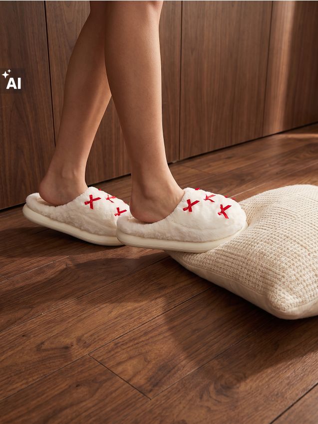 Sinsay - Papuci cu blană artificială și fundițe - crem